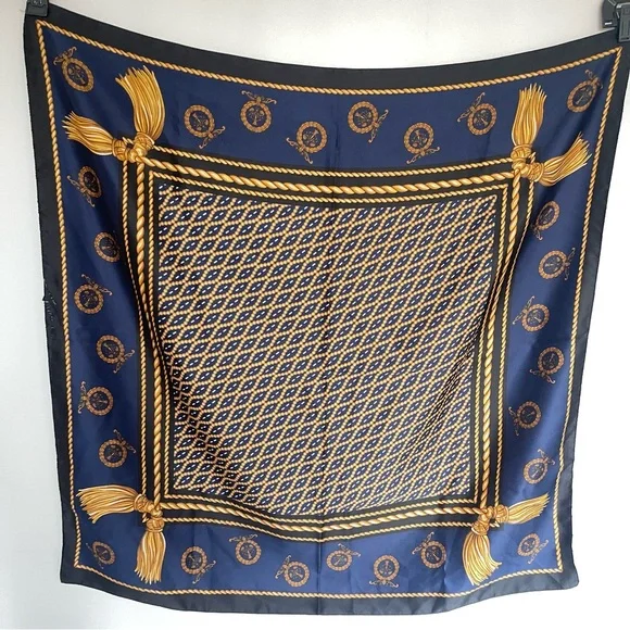 Vintage Berkshire Made in Italy Scarf | Navy Gold Tassel Print Square - Picture 2 of 7